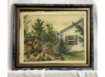 Framed Painting Of House And Flowers