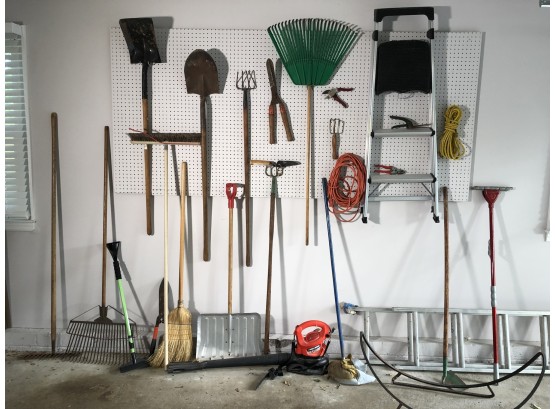 BIG Lot Of Garage & Yard Tools - Ladder - Shovels - Rakes - Leaf Blower - Log Holder - Extension Cord & MORE !
