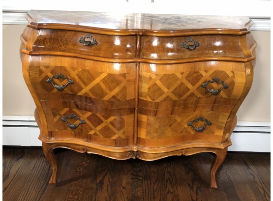Fabulous Vintage Italian Olive Wood Bombe Chest - Very Pretty Piece - Marquetry Top And Sides - NICE !