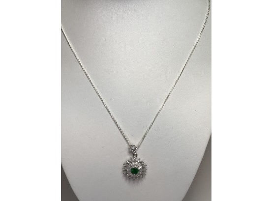 Beautiful Sterling Silver / 925 Necklace & Sunburst Pendant With Lovely Emerald & White Topaz Accent Stones