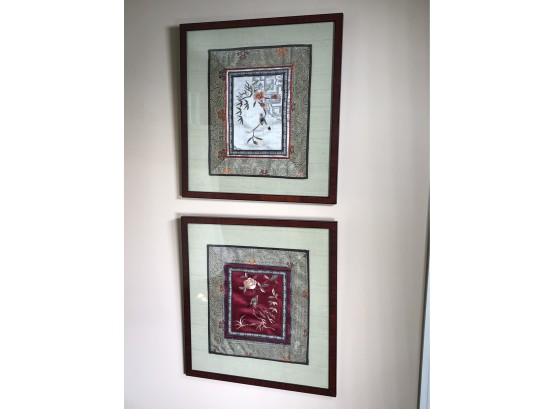 Wonderful Pair Of Vintage / Antique Frames Asian Silk Textiles - Very Pretty Piece - All Hand Made - NICE !
