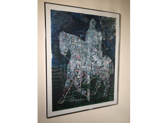 Beautiful Large Print Of Man On Horse - Unsigned / Lovely Modern Look To It - Polished Metal Frame - NICE !