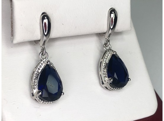 Wonderful Sterling Silver / 925 Teardrop Earrings With Large Sapphire Blue Quartz Stone - Very Impressive