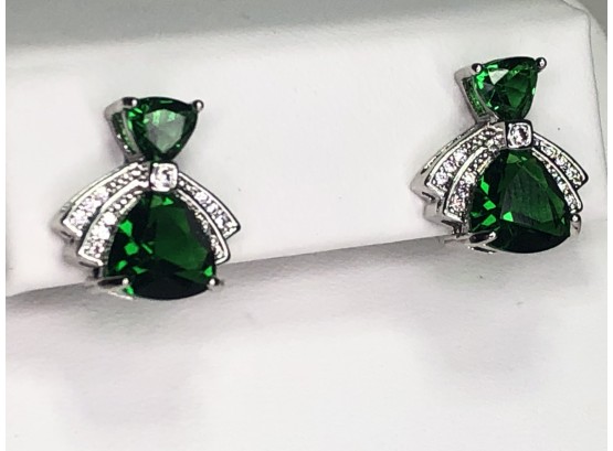Fantastic Sterling Silver / 925 Earrings With Green Tsavorite Stones Accented With White Sapphires - Pretty !