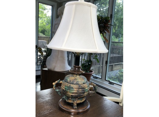Interesting Ancient Style Bronze Vessel - Made Into Lamp - Very Nice Piece With Ivory Pleated Panel Shade