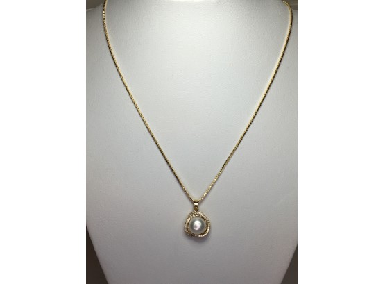 Very Pretty Gold Plated Sterling Silver / 925 Necklace With Genuine Freshwater Cultured Pearl - Adjustable