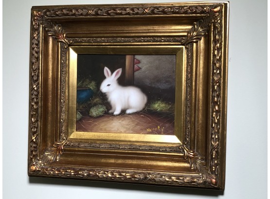 (2 Of 2) Adorable Vintage Style Oil On Canvas Of Bunny Rabbit - Beautiful Gold Gilt Frame - Signed Woody