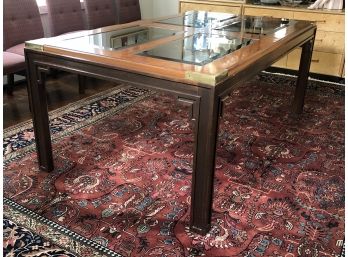Fabulous High Quality Dining Table - Burl Wood With Glass Insert Panels & Brass Trim - GREAT LOOKING TABLE