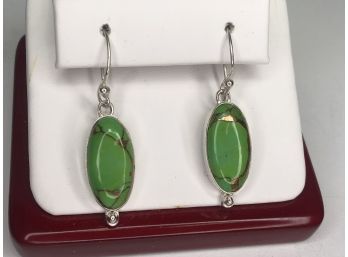 Wonderful Sterling Silver / 925 Oblong Earrings With New Mexico Green Turquoise - New Never Worn WOW !