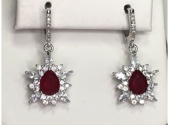 Fabulous 925 / Sterling Silver - Rhodium Plated 925 Earrings With Garnets - Very Pretty - New Never Worn