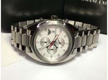 Fantastic Mens $695 GIORGIO ARMANI Chronograph Watch With Box - Elegant Pinstripe / Tuxedo Dial - Brand New