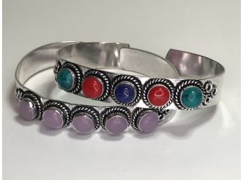 Two Sterling Silver / 925 Cuff Bracelets With Pink Quartz - Lapis Lazuli - Coral - Malachite - NICE LOT !