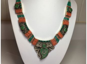 Incredible 925 /  Sterling - Coral & Green Turquoise Necklace AMAZING PIECE - Completely Made By Hand - WOW !