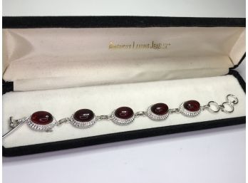 Wonderful Sterling Silver / 925 Bracelet With Lovely Garnet Cabochons - Measures 7-1/2' Very Nice Piece !