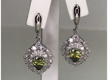 Stunning Sterling Silver / 925 Earrings With Lovely Peridot And Loads Of Sparkling White Sapphires - WOW !