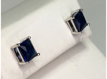 Wonderful 925 / Sterling Silver & Sapphire Earrings Rectangular Shaped Stones - Rhodium Plated Silver !