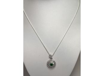 Beautiful Sterling Silver / 925 Necklace & Sunburst Pendant With Lovely Emerald & White Topaz Accent Stones