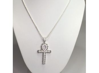 Awesome Sterling Silver / 925 Rope Necklace- Made In Italy & Large Ankh Pendant With Sparkling White Zircons