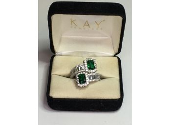 Fantastic Sterling Silver / 925 Cocktail Ring With Emerald Green Tsavorite And 100s Of Sparkling Zircons