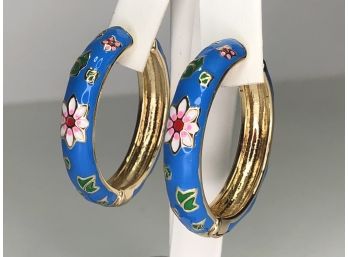 Beautiful Enamel / Cloisonne Style Hoop Earrings - French Blue With Flowers & Leaves - New Never Worn !