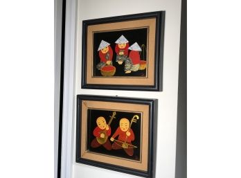 Two Pieces Of Adorable Asian Artwork - Illegibly Signed By Same Artist - Measures 13' X 11' - NICE PIECES !