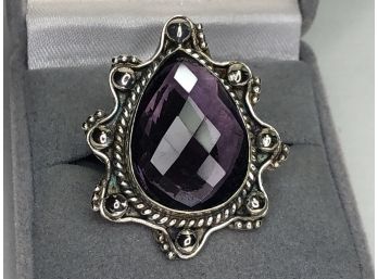 Gorgeous Large 925 / Sterling Silver Cocktail Ring With Amethyst - VERY Pretty Ring - New Never Worn !