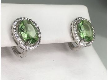Wonderful Sterling Silver / 925 Earrings With Pale Green Topaz Encircled With White Topaz - New Never Worn