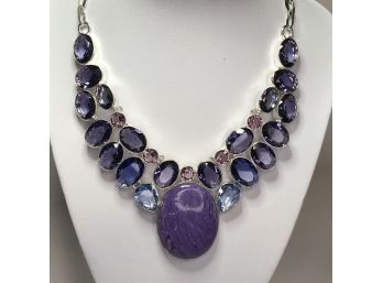 Incredible Necklace - Sterling Silver / 925 With Amethysts & Liliac Quartz Pendant - Beautiful ! - Brand New !
