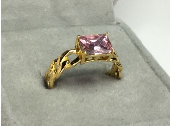 Lovely 925 / Sterling Silver Chain Link Ring With 14K Yellow Gold Overlay With Sparkling Pink Tourmaline !