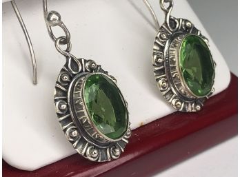 Lovely 925 / Sterling Silver Earrings With Peridot - Very Nice Pair - Very Nice Hand Worked Silver - NICE !