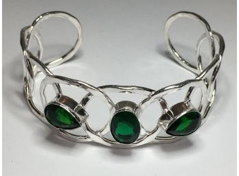 Lovely Sterling Silver / 925 Basketweave Cuff Bracelet With Green Chrome Diopside - Oval & Teardrop Stones !