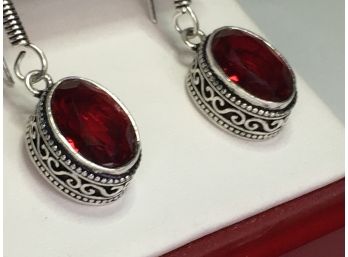 Fabulous 925 / Sterling Silver Earrings With Large Oval Garnets - Lovely Hand Done Filigree Silver Work
