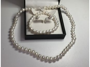 Lovely Pearl Necklace - Bracelet & Earring Set - Genuine Cultured Baroque Pearls - Lovely Set In Gift Box