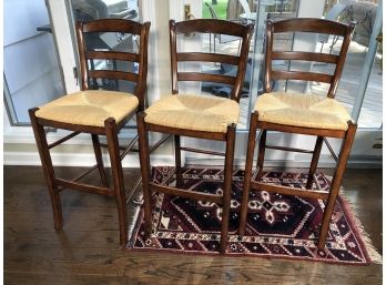 Three VERY NICE Tall Kitchen Or Bar Stools - Dark Walnut Finish With Natural Rush Seats - Made In Italy !