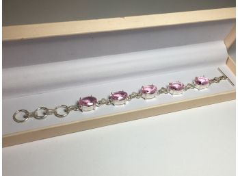Very Pretty 925 / Sterling Silver Link Bracelet With Sparkling Pink Tourmaline - Very Nice Bracelet - NEW !