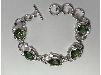 Very Pretty 925 / Sterling Silver Bracelet With Pale Green Teardrop Topaz - Very Elegant - Brand New Unworn !