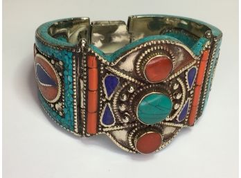 Beautiful 925 / Sterling - Coral & Turquoise Cuff Bracelet VERY CHUNKY - Fantastic Looking Piece ALL HANDMADE