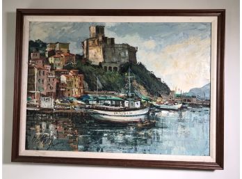 Nice Vintage Oil On Canvas Painting - Italian Port Scene - Signed Illegibly - Purchases At Gallery In Italy