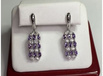 Wonderful 925 / Sterling Silver & Sparkling Amethyst Earrings - Very Pretty - Rhodium Plated Over Sterling