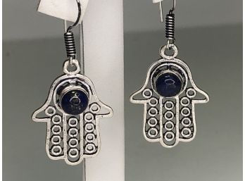 Very Cool 925 / Sterling Silver Hamsa Earrings With Lapis Lazuli - Very Nice Handmade Jewelry - Never Worn