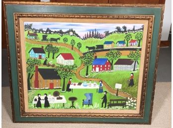 Nice Large Vintage Painting By HELEN FOY - Listed Folk Artist - Flea Market At Deep Hollow Road - Charming !
