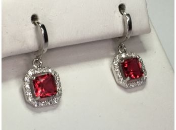 Very Pretty Sterling Silver / 925 Earrings With Light Color Garnets Encircled With White Sapphires - NEW !
