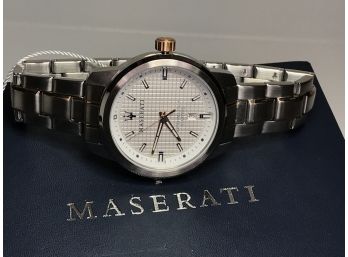 Fabulous Brand New Mens MASERATI Watch With Box - $550 Retail Price - All Stainless With Gold Pinstripe NICE !
