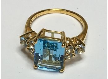 Fabulous Sterling Silver / 925 With 14K Gold Overlay Ring With Large Light Blue Topaz & White Topaz Accents