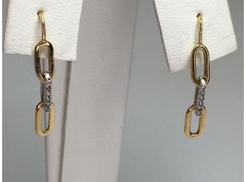Wonderful Pair Of 14K Yellow & White Gold Earrings With Diamonds - Center Links 14K White Gold & Diamonds