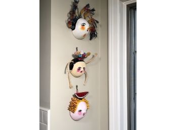 Cute Artwork Made From Gourds Or Coconuts - All Completely Hand Made / Hand Painted - Very Nice Group Of Three
