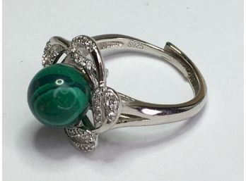 Gorgeous Sterling 925 / Silver Ring - Beautiful Malachite Sphere Encircled With White Sapphires - Never Worn !