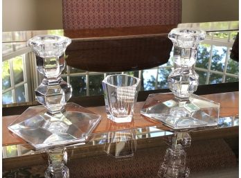 Pair Lovely VAL ST LAMBERT Candle Holders Along With BACCARAT Shot / Toothpick Holder All MADE IN FRANCE