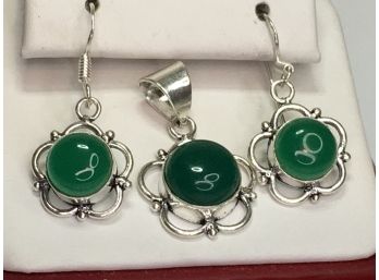 Lovely Pair Sterling Silver / 925 & Green Onyx Earrings With Matching Pendant Green Onyx / 925 - BRAND NEW