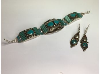 Wonderful 925 / Sterling & Turquoise Bracelet & Earring Set - Lovely ALL MADE BY HAND In Bali - Works Of Art !